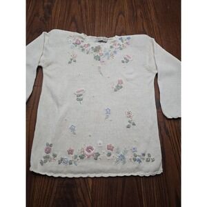 VTG 90's Specialty Collection Cream Floral Embroidered Sweater Women's Medium